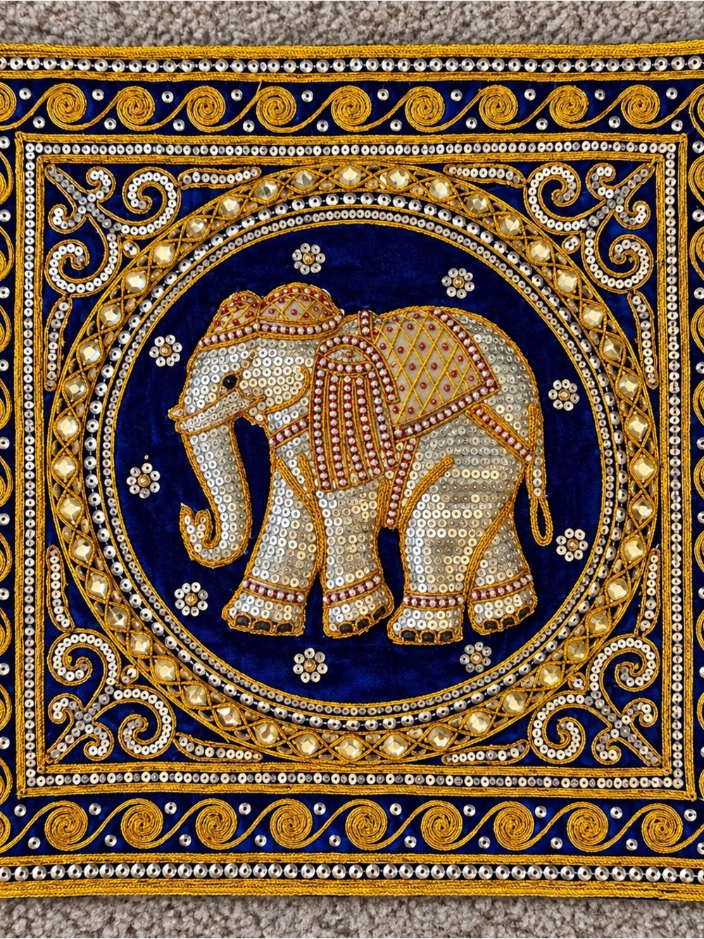 Ornate Blue and Gold Elephant Tapestry Wall Accent